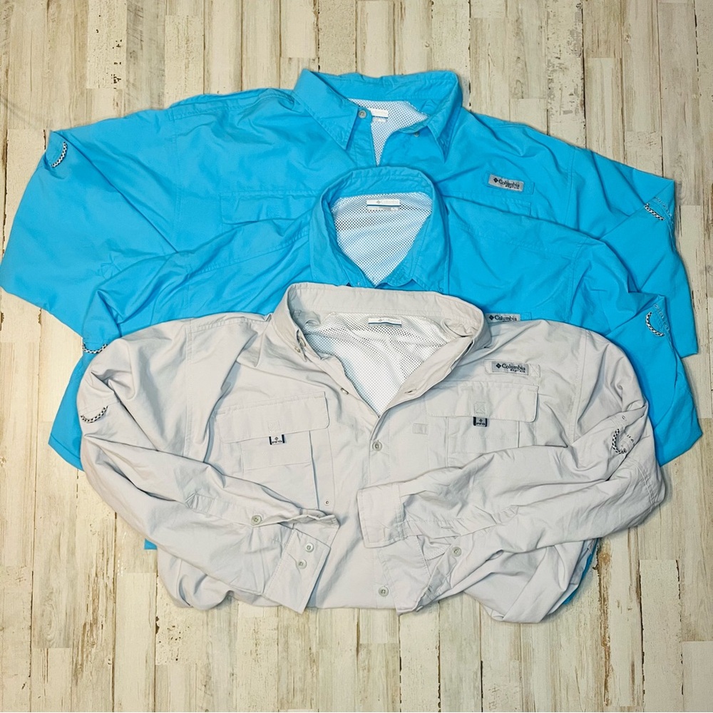 Columbia Mens XL 2 Blue 1 Gray PFG Long Sleeve Button Up Vented Fishing Outdoor